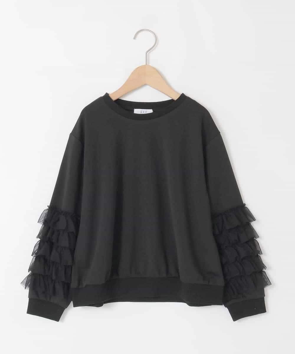 KJKJA41034 a.v.v KIDS(アー・ヴェ・ヴェ) [130-160]チュールスリーブポンチカットソー ブラック