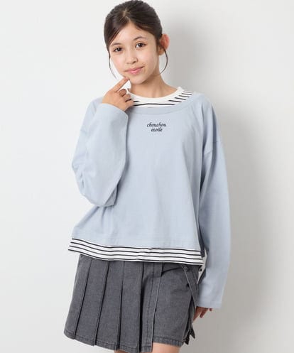 KJKJD03039  [140-160]ボーダーレイヤード風ロングTシャツ