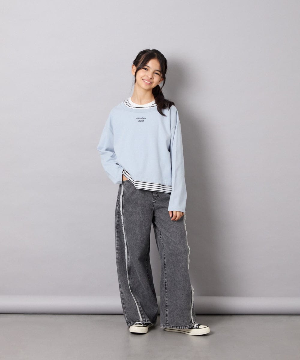 KJKJD03039 a.v.v KIDS(アー・ヴェ・ヴェ) [140-160]ボーダーレイヤード風ロングTシャツ ライトブルー