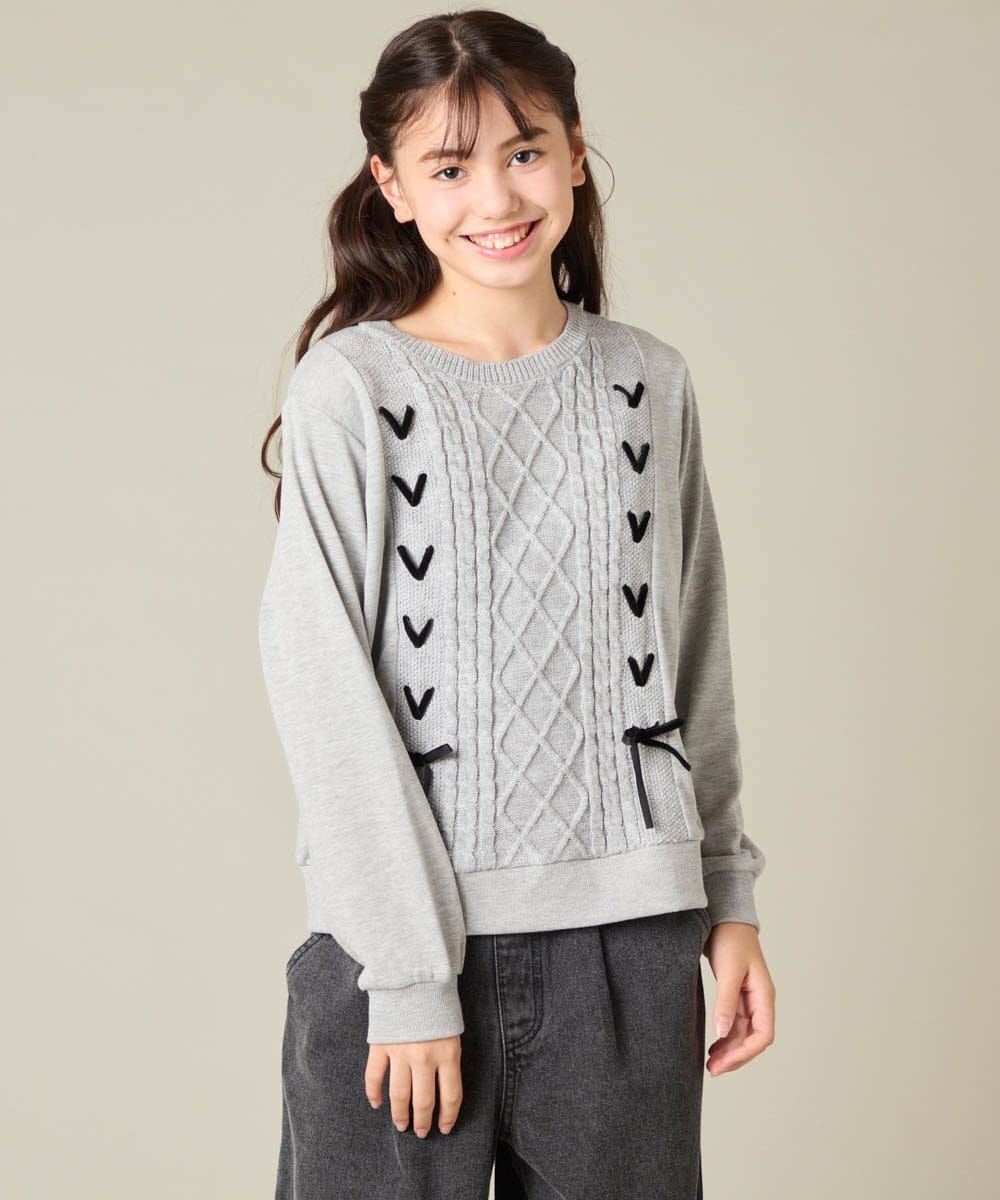 KJKLA46034 a.v.v KIDS(アー・ヴェ・ヴェ) [120-160]【通学にもオススメ/ケーブルニット×裏毛/編み上げリボン】ケーブルニットドッキングトレーナー グリーン