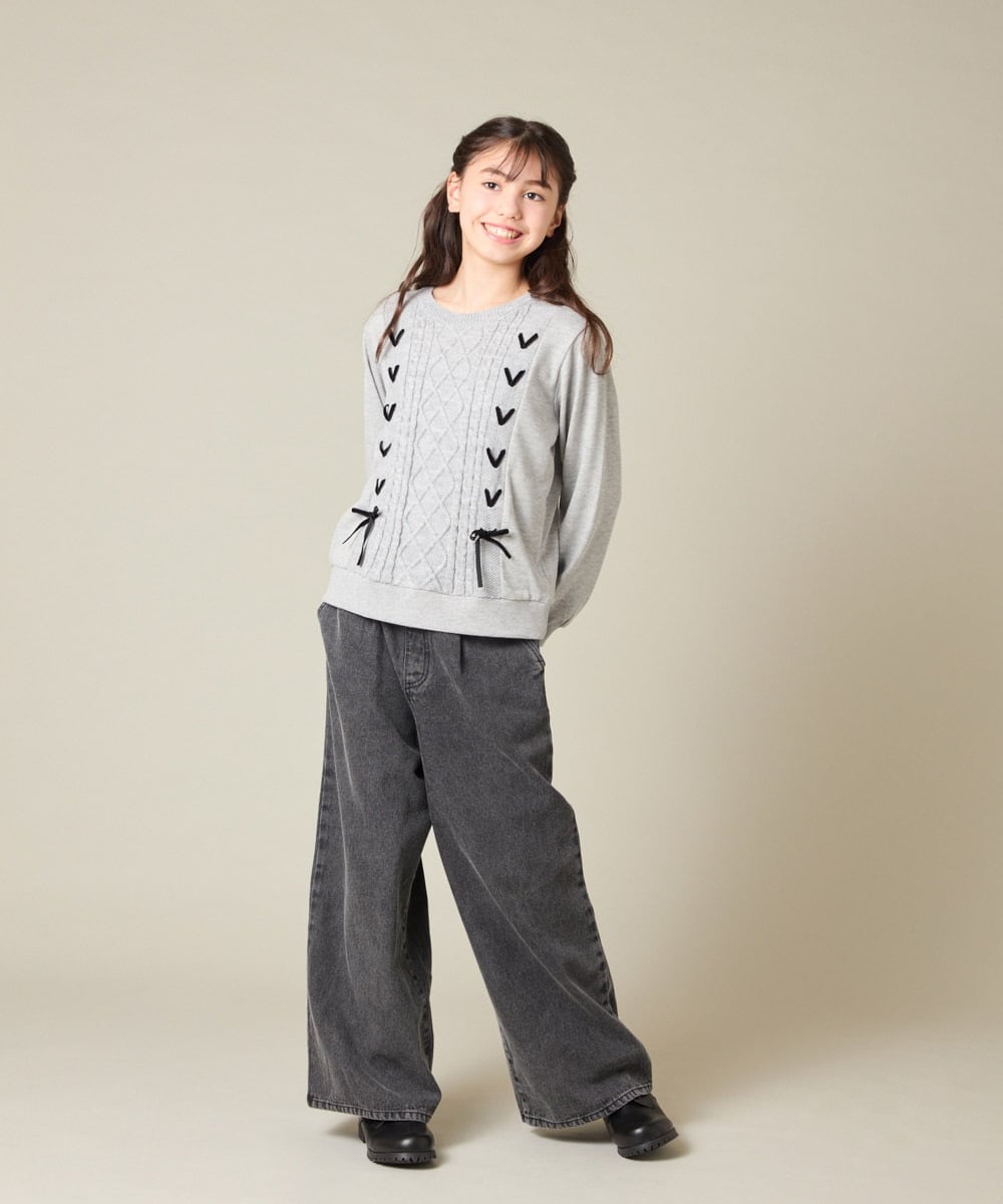 KJKLA46034 a.v.v KIDS(アー・ヴェ・ヴェ) [120-160]【通学にもオススメ/ケーブルニット×裏毛/編み上げリボン】ケーブルニットドッキングトレーナー グリーン