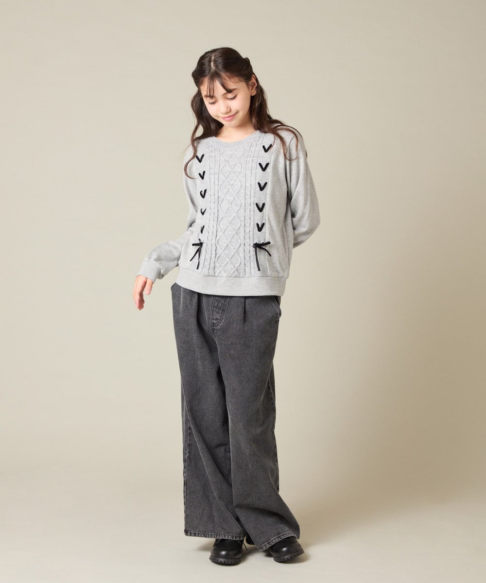 KJKLA46034 a.v.v KIDS(アー・ヴェ・ヴェ) [120-160]【通学にもオススメ/ケーブルニット×裏毛/編み上げリボン】ケーブルニットドッキングトレーナー グリーン