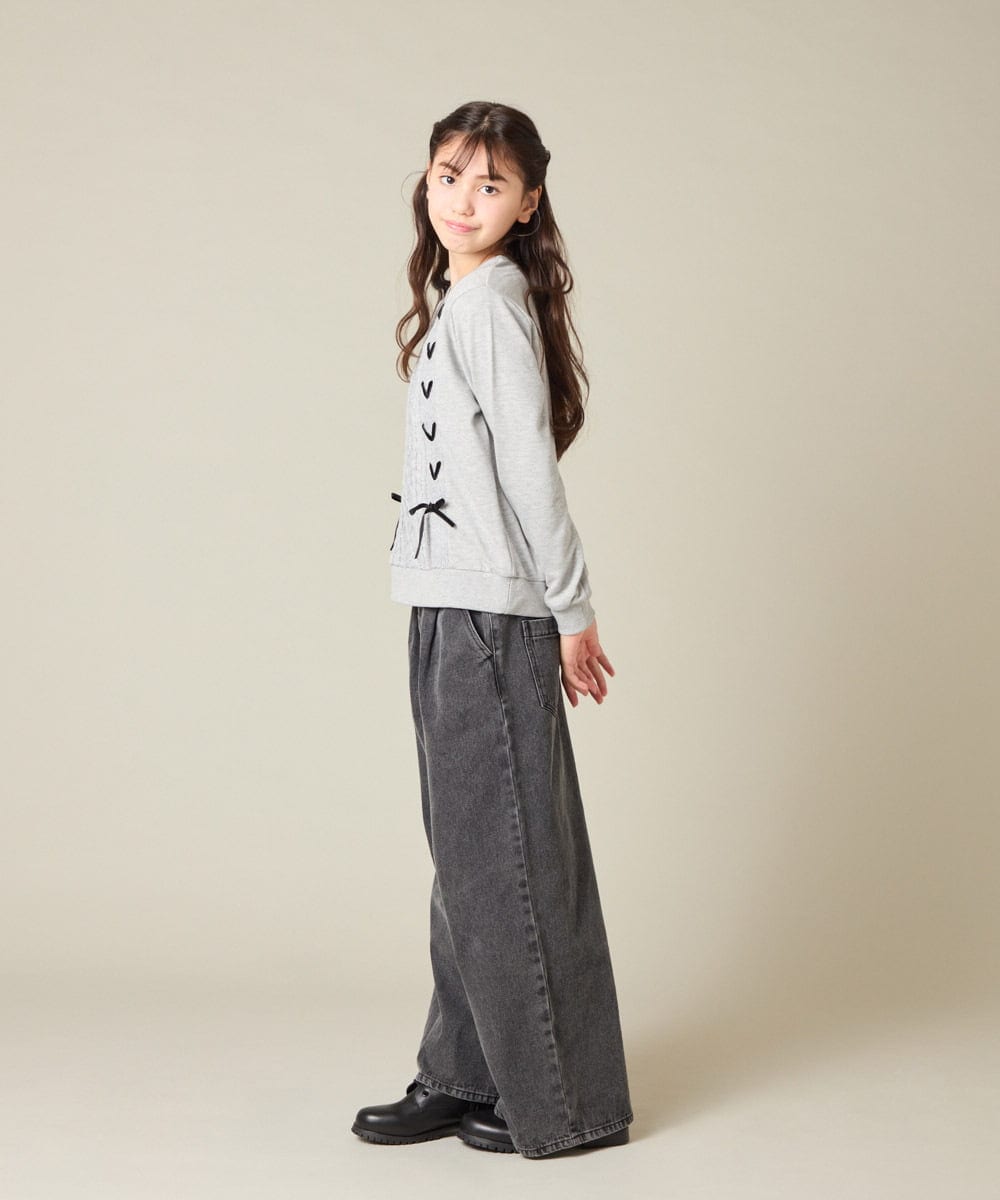 KJKLA46034 a.v.v KIDS(アー・ヴェ・ヴェ) [120-160]【通学にもオススメ/ケーブルニット×裏毛/編み上げリボン】ケーブルニットドッキングトレーナー グリーン