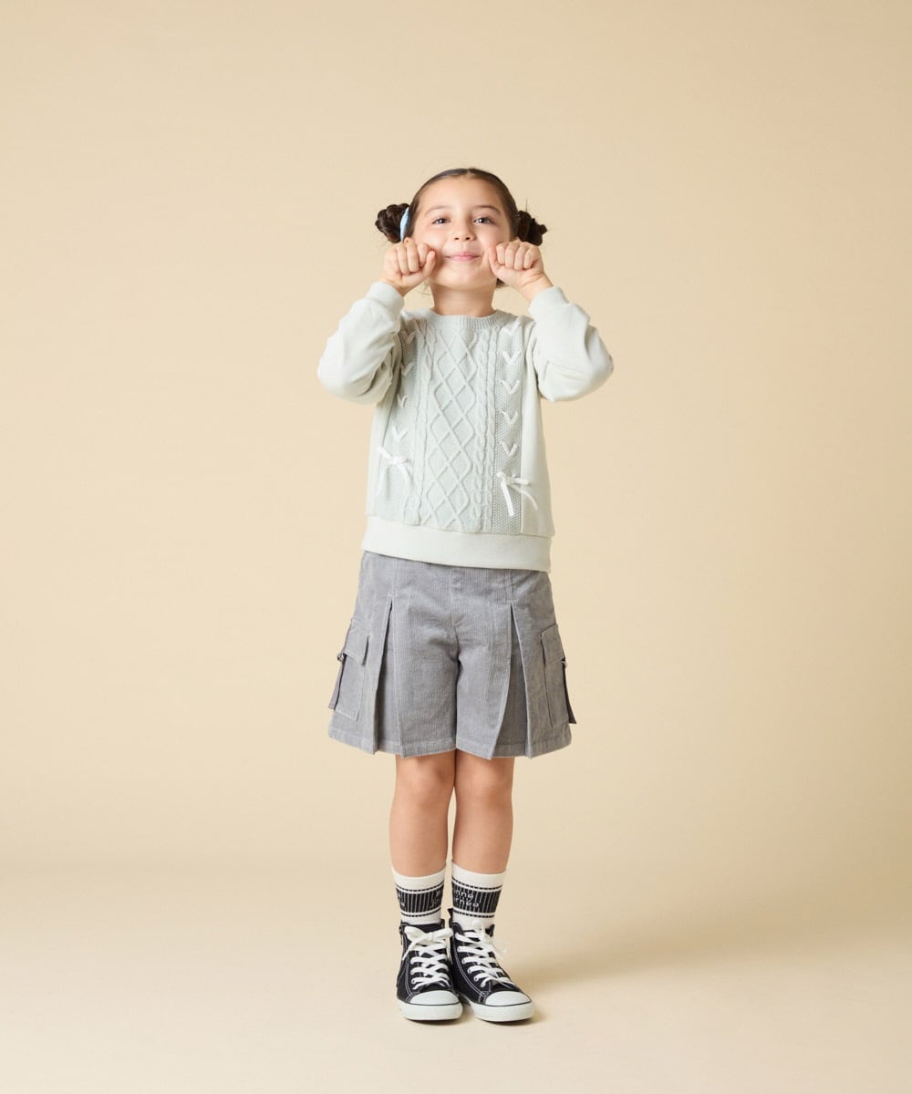 KJKLA46034 a.v.v KIDS(アー・ヴェ・ヴェ) [120-160]【通学にもオススメ/ケーブルニット×裏毛/編み上げリボン】ケーブルニットドッキングトレーナー グリーン