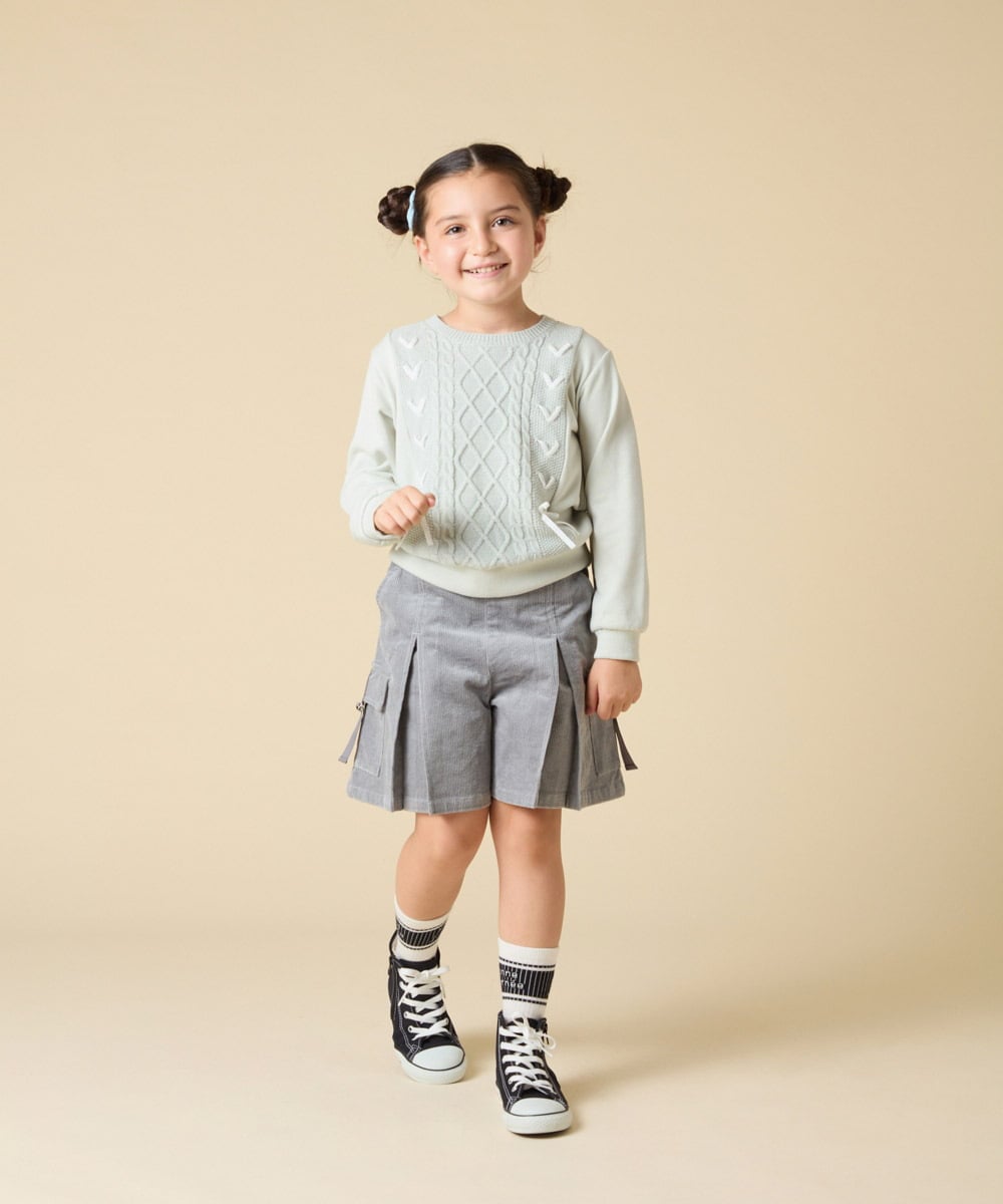 KJKLA46034 a.v.v KIDS(アー・ヴェ・ヴェ) [120-160]【通学にもオススメ/ケーブルニット×裏毛/編み上げリボン】ケーブルニットドッキングトレーナー グリーン