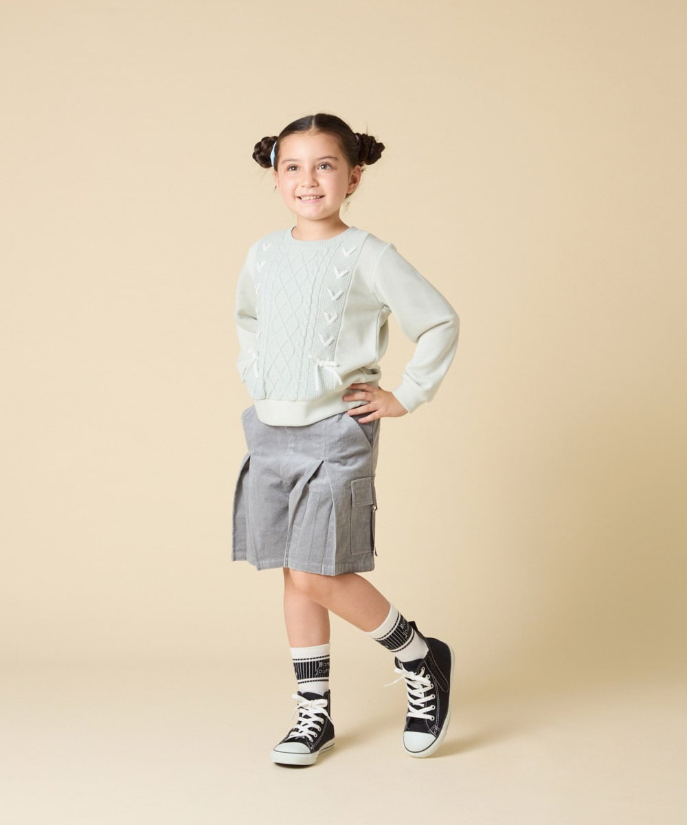 KJKLA46034 a.v.v KIDS(アー・ヴェ・ヴェ) [120-160]【通学にもオススメ/ケーブルニット×裏毛/編み上げリボン】ケーブルニットドッキングトレーナー グリーン