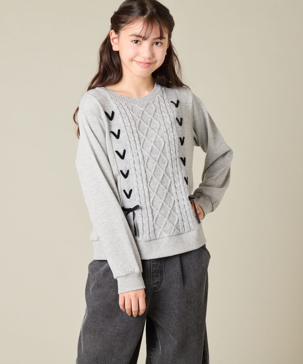 KJKLA46034 a.v.v KIDS [120-160]【通学にもオススメ/ケーブルニット×裏毛/編み上げリボン】ケーブルニットドッキングトレーナー