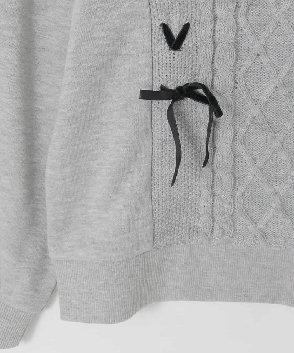 KJKLA46034 a.v.v KIDS(アー・ヴェ・ヴェ) [120-160]【通学にもオススメ/ケーブルニット×裏毛/編み上げリボン】ケーブルニットドッキングトレーナー ライトグレー