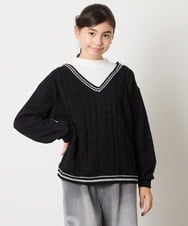 KJKLA52034 a.v.v KIDS(アー・ヴェ・ヴェ) [120-160]配色ラインケーブルニットドッキングトレーナー ライトグレー