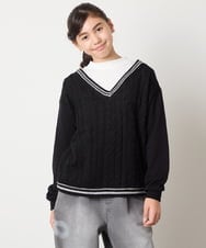 KJKLA52034 a.v.v KIDS(アー・ヴェ・ヴェ) [120-160]配色ラインケーブルニットドッキングトレーナー ライトグレー
