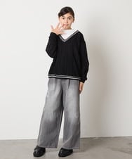 KJKLA52034 a.v.v KIDS(アー・ヴェ・ヴェ) [120-160]配色ラインケーブルニットドッキングトレーナー ライトグレー