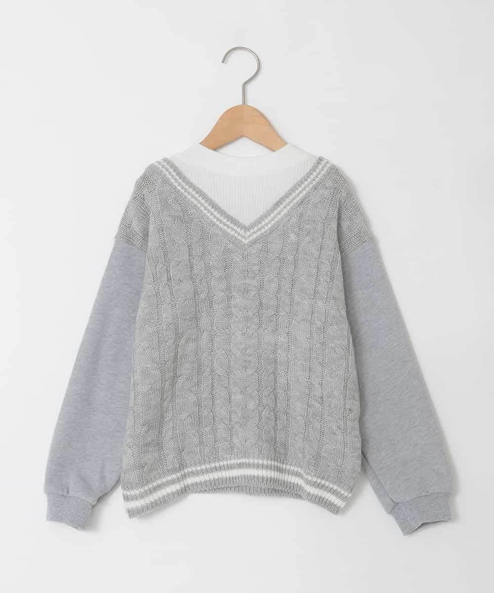KJKLA52034 a.v.v KIDS(アー・ヴェ・ヴェ) [120-160]配色ラインケーブルニットドッキングトレーナー ライトグレー