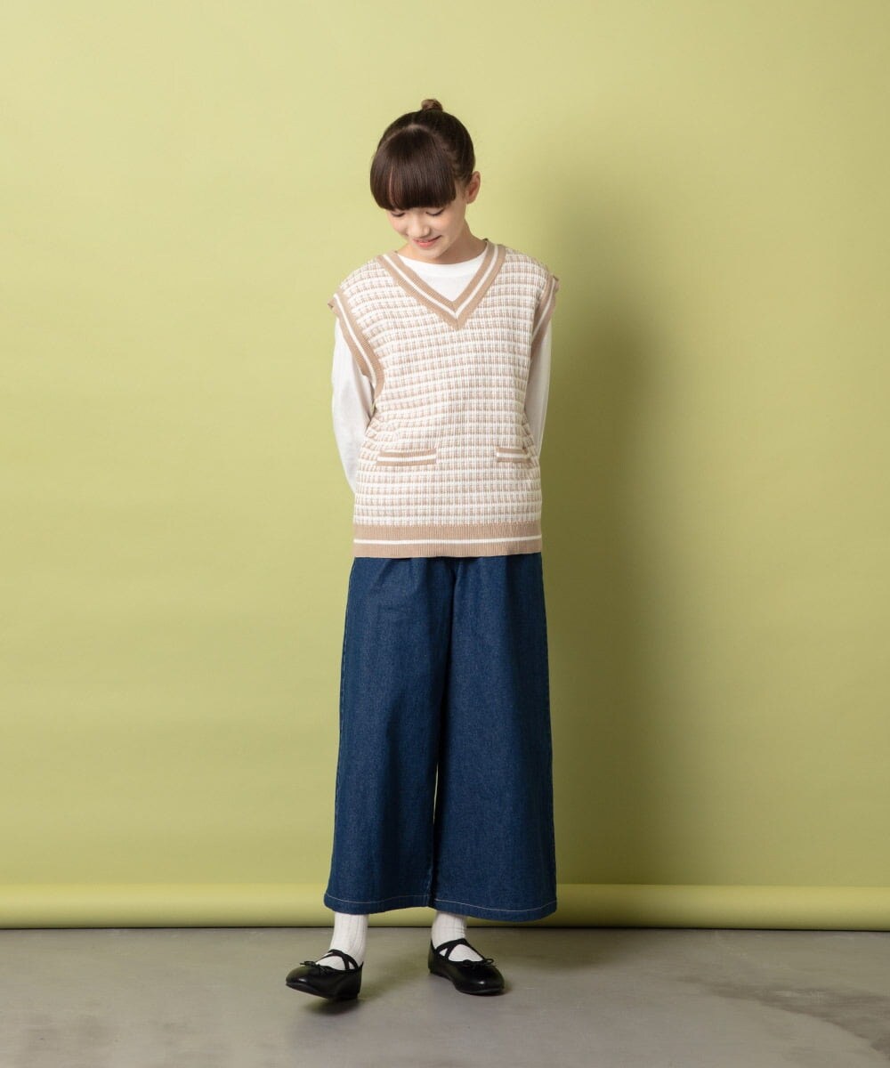 140-150]【2WAY】サスペンダー付きデニムワイドパンツ(ガウチョ