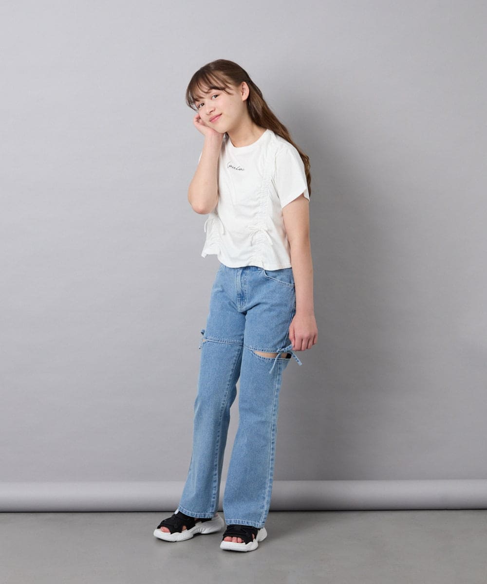 KJLFD58049 a.v.v KIDS(アー・ヴェ・ヴェ) [130-160]【接触冷感/綿100％】スリットリボンフレアデニム ライトブルー