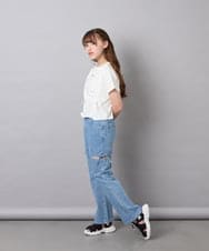 KJLFD58049 a.v.v KIDS(アー・ヴェ・ヴェ) [130-160]【接触冷感/綿100％】スリットリボンフレアデニム ライトブルー