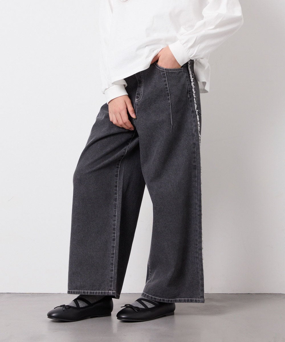 KJLGD31039 a.v.v KIDS(アー・ヴェ・ヴェ) [120-160]フリンジケミカルワイドデニム ダークグレー