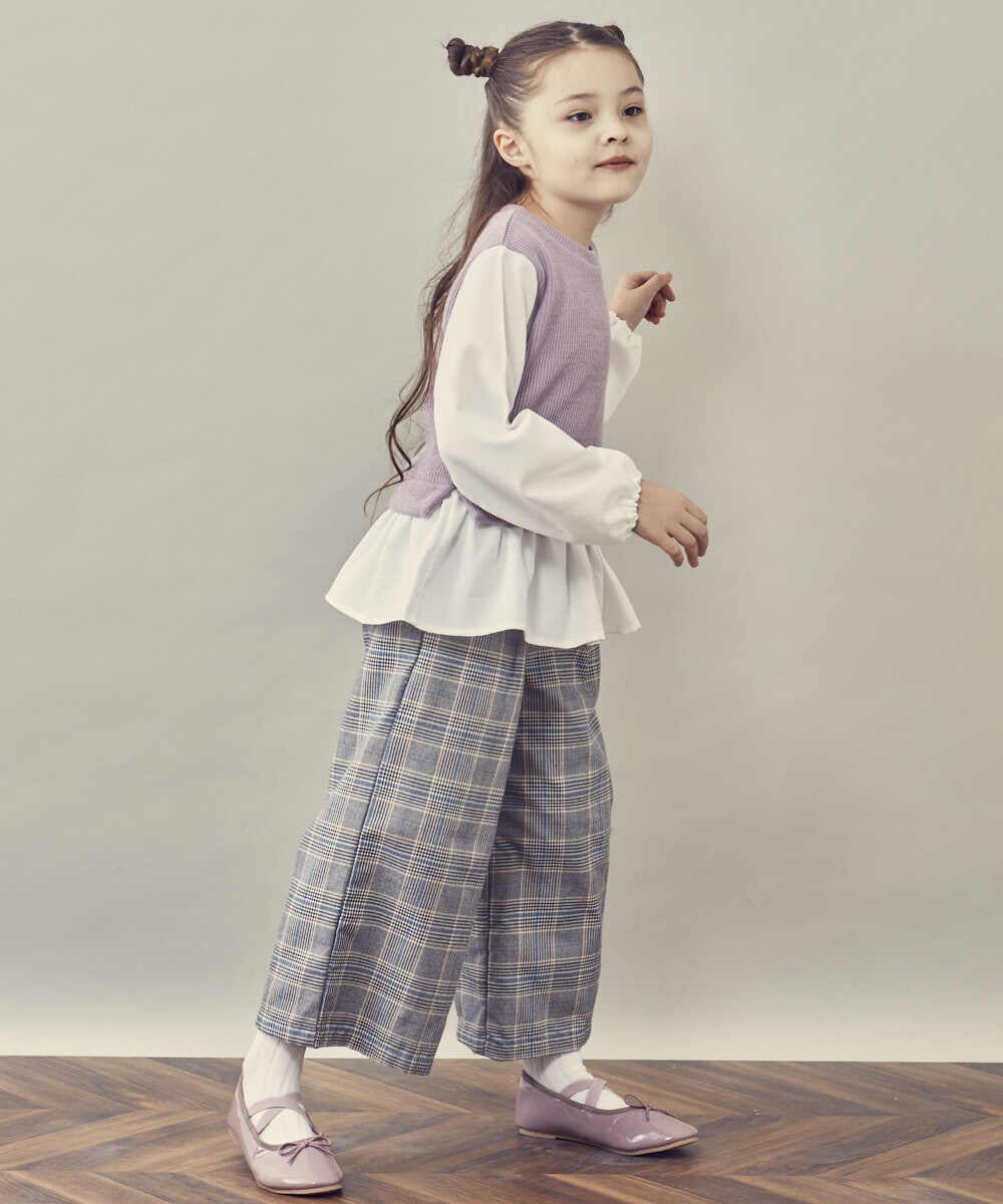 KJLJQ31039 a.v.v KIDS(アー・ヴェ・ヴェ) [140-150]【2WAY】サスペンダー付きチェック柄ワイドパンツ ブラウン