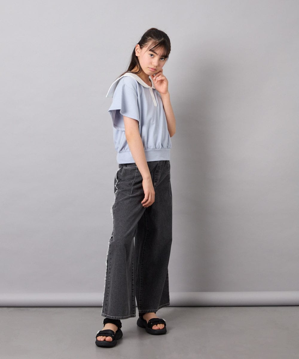 KJNFD55074 a.v.v KIDS(アー・ヴェ・ヴェ) [130-160]配色セーラーカラー裏毛セットアップ ライトブルー