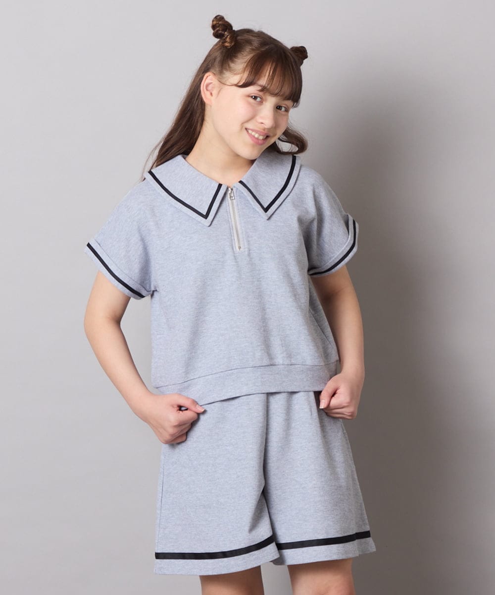 KJNGD60069 a.v.v KIDS(アー・ヴェ・ヴェ) [130-160]【冷感】セーラーカラー配色ラインセットアップ グレー