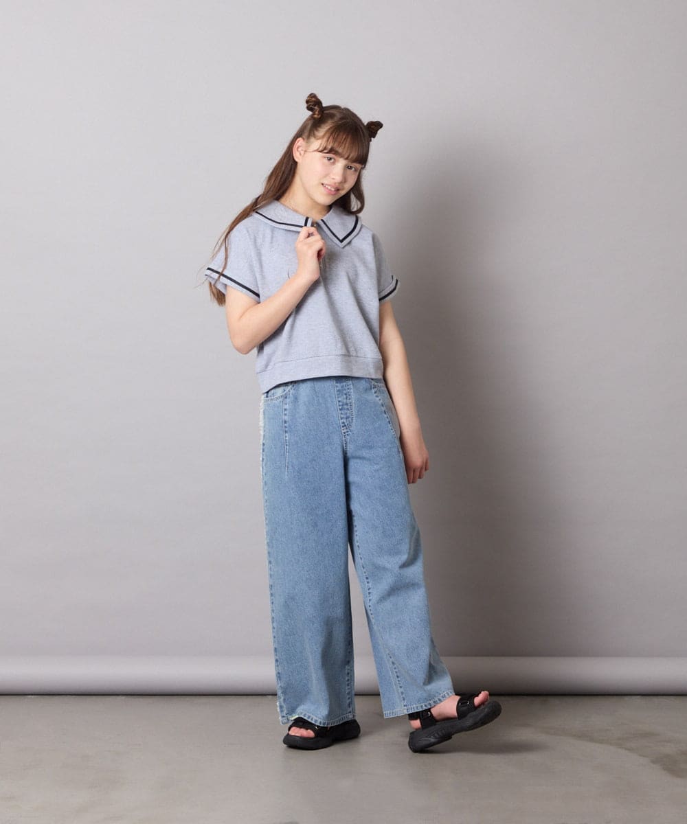 KJNGD60069 a.v.v KIDS(アー・ヴェ・ヴェ) [130-160]【冷感】セーラーカラー配色ラインセットアップ グレー