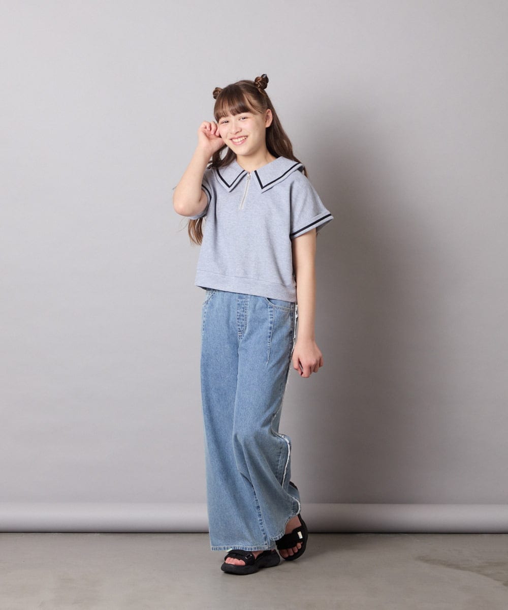 KJNGD60069 a.v.v KIDS(アー・ヴェ・ヴェ) [130-160]【冷感】セーラーカラー配色ラインセットアップ グレー