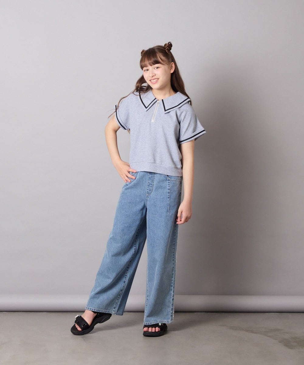 KJNGD60069 a.v.v KIDS(アー・ヴェ・ヴェ) [130-160]【冷感】セーラーカラー配色ラインセットアップ グレー