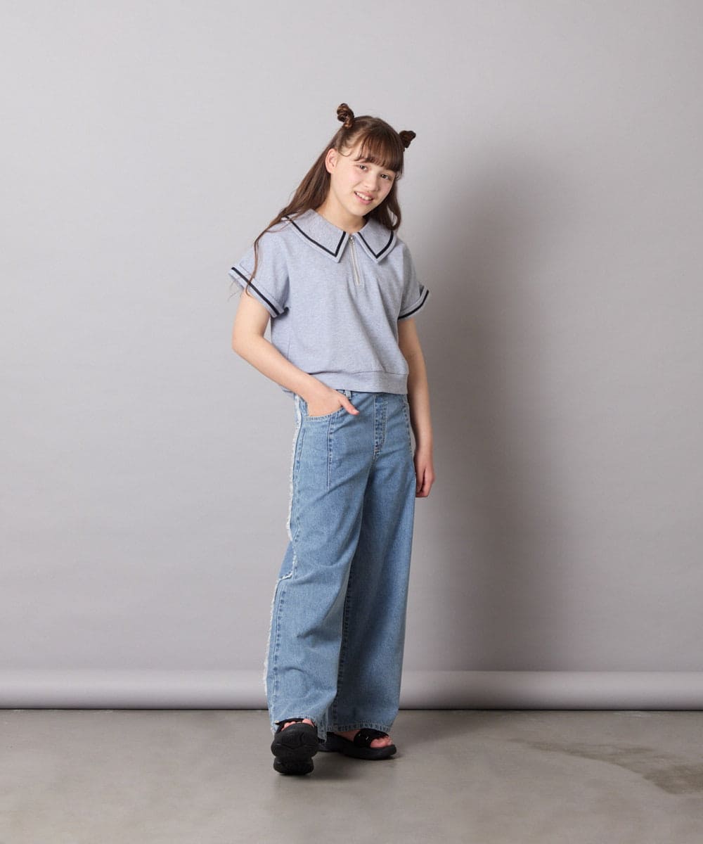 KJNGD60069 a.v.v KIDS(アー・ヴェ・ヴェ) [130-160]【冷感】セーラーカラー配色ラインセットアップ グレー