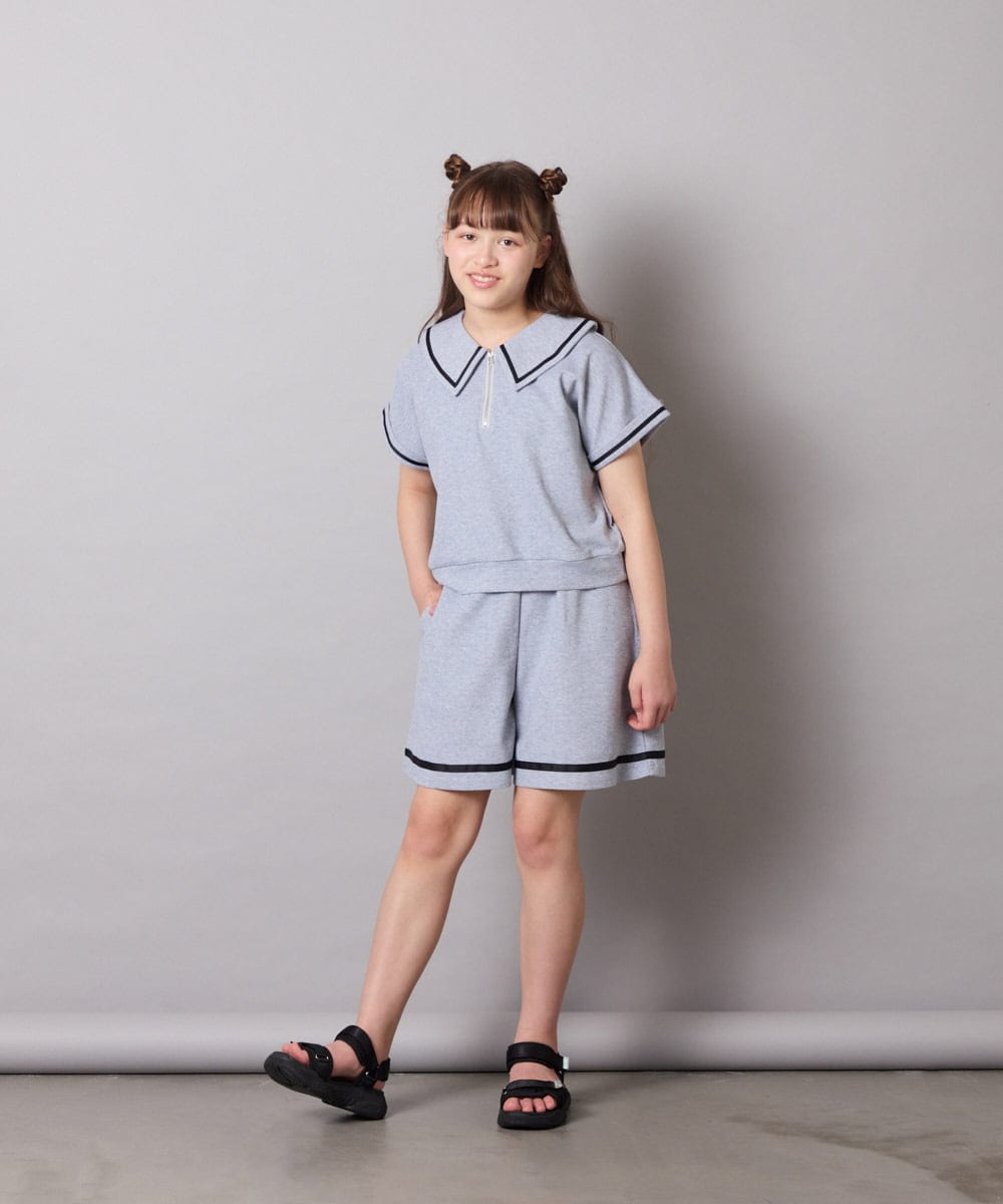 KJNGD60069 a.v.v KIDS(アー・ヴェ・ヴェ) [130-160]【冷感】セーラーカラー配色ラインセットアップ グレー