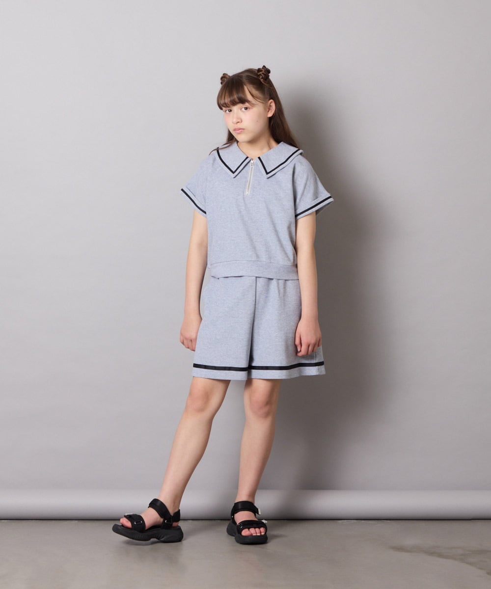 KJNGD60069 a.v.v KIDS(アー・ヴェ・ヴェ) [130-160]【冷感】セーラーカラー配色ラインセットアップ グレー