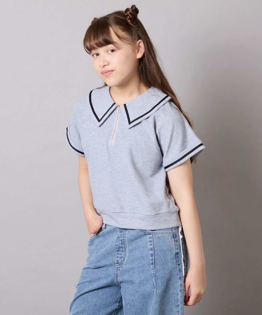 KJNGD60069 a.v.v KIDS(アー・ヴェ・ヴェ) [130-160]【冷感】セーラーカラー配色ラインセットアップ グレー