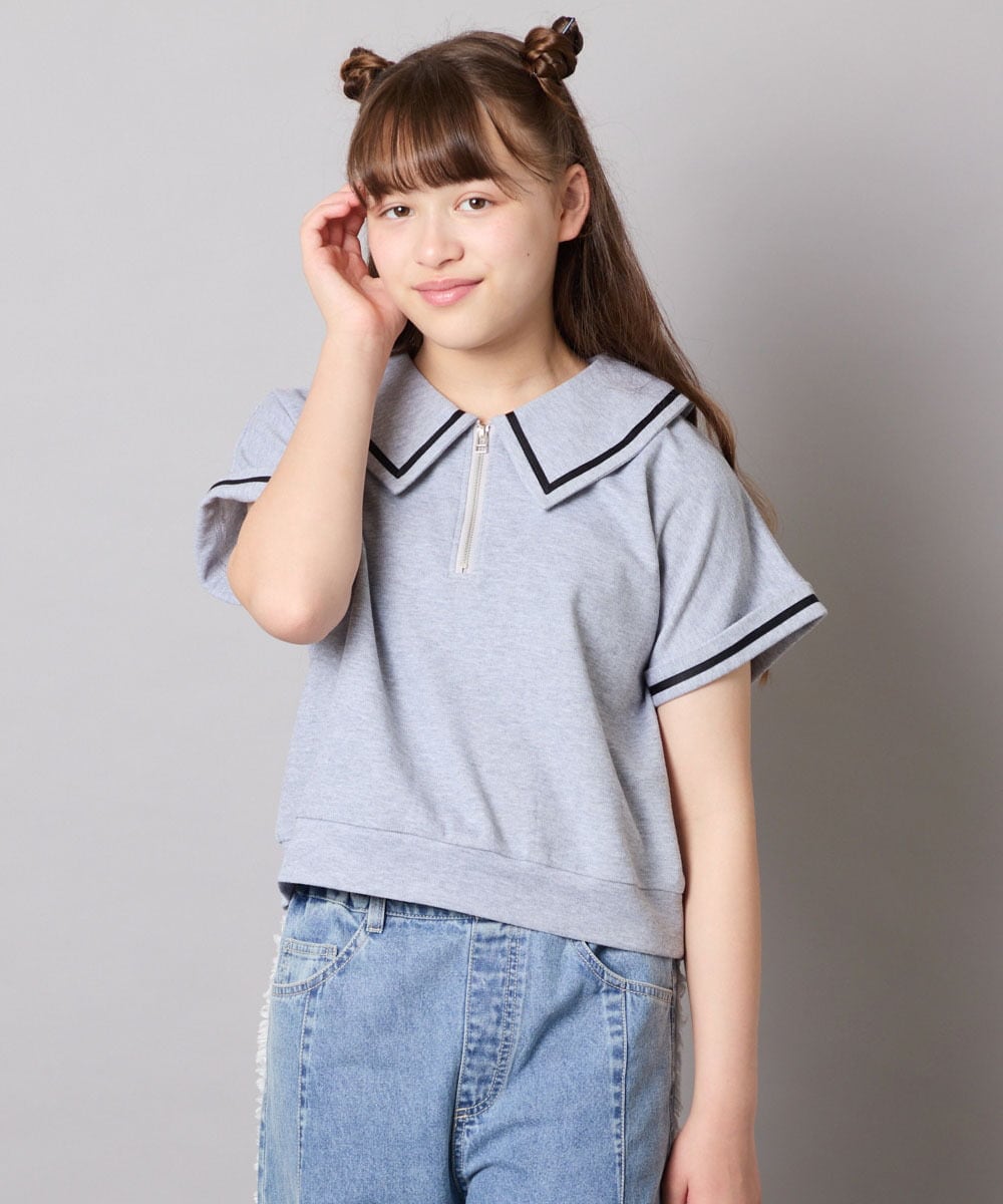 KJNGD60069 a.v.v KIDS(アー・ヴェ・ヴェ) [130-160]【冷感】セーラーカラー配色ラインセットアップ グレー