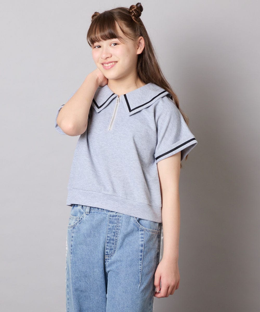 KJNGD60069 a.v.v KIDS(アー・ヴェ・ヴェ) [130-160]【冷感】セーラーカラー配色ラインセットアップ グレー