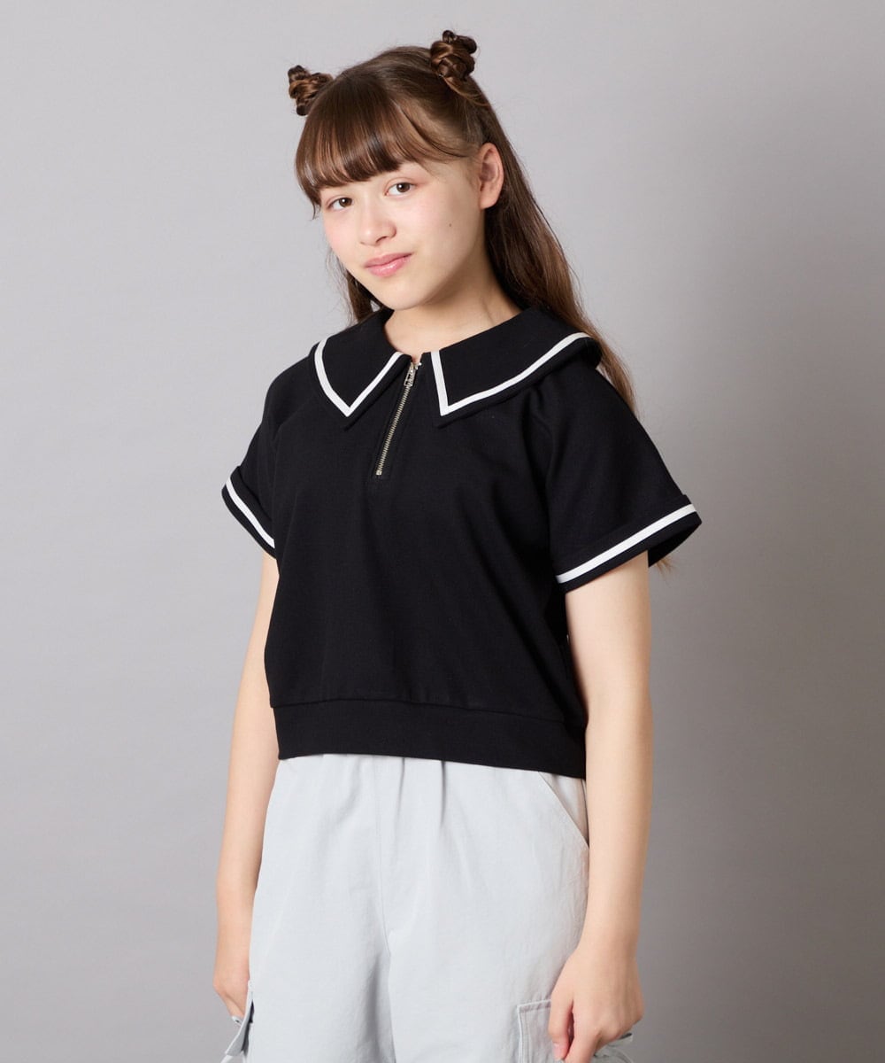 KJNGD60069 a.v.v KIDS(アー・ヴェ・ヴェ) [130-160]【冷感】セーラーカラー配色ラインセットアップ ブラック