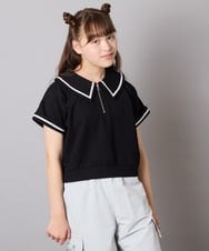 KJNGD60069 a.v.v KIDS(アー・ヴェ・ヴェ) [130-160]【冷感】セーラーカラー配色ラインセットアップ ブラック