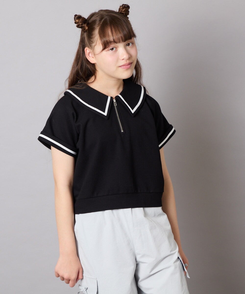KJNGD60069 a.v.v KIDS(アー・ヴェ・ヴェ) [130-160]【冷感】セーラーカラー配色ラインセットアップ ブラック