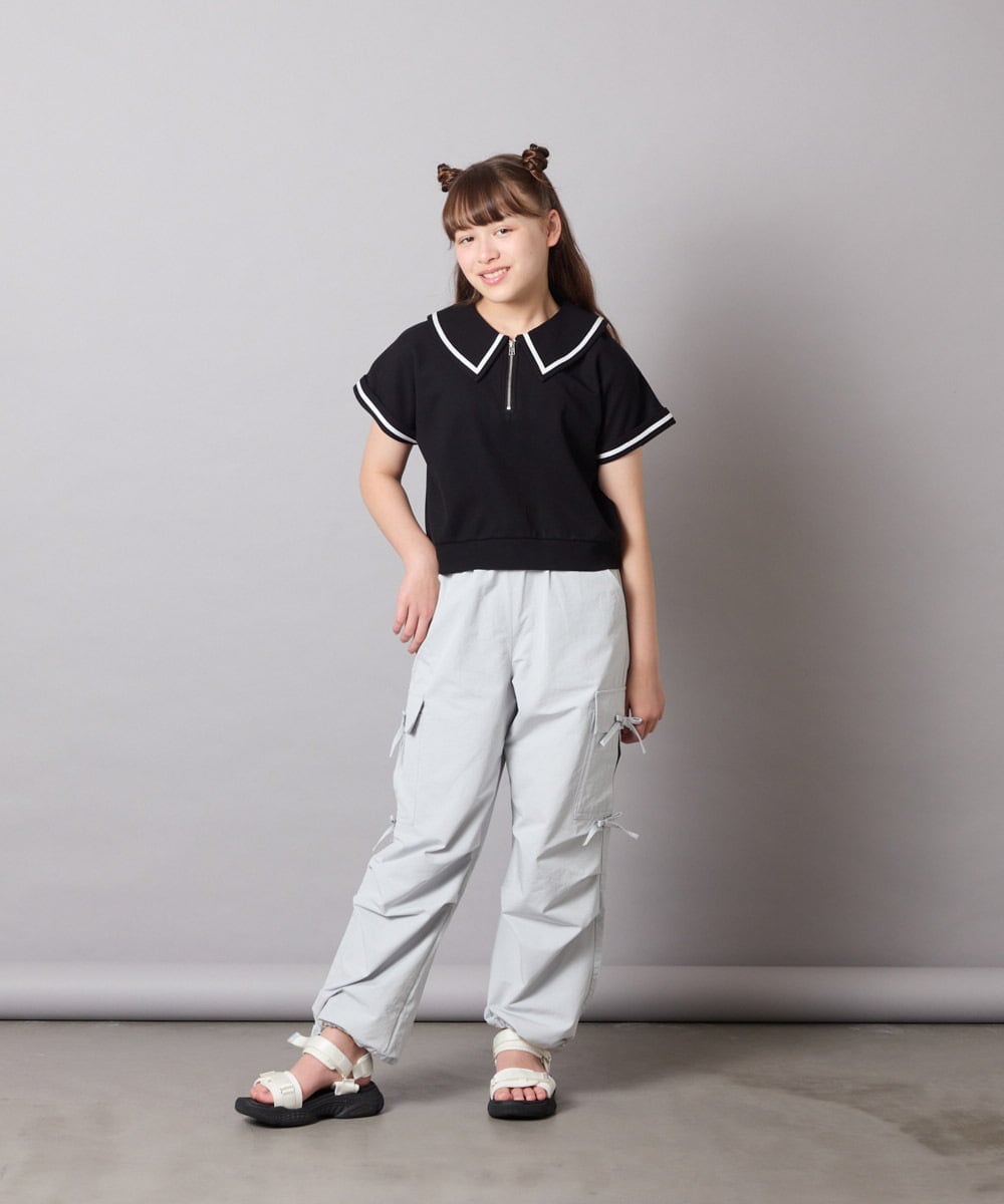 KJNGD60069 a.v.v KIDS(アー・ヴェ・ヴェ) [130-160]【冷感】セーラーカラー配色ラインセットアップ ブラック