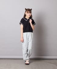 KJNGD60069 a.v.v KIDS(アー・ヴェ・ヴェ) [130-160]【冷感】セーラーカラー配色ラインセットアップ ブラック