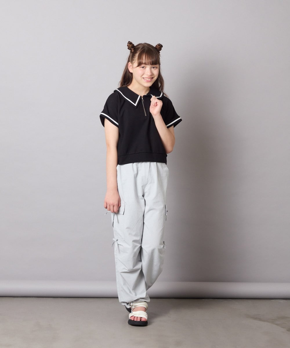 KJNGD60069 a.v.v KIDS(アー・ヴェ・ヴェ) [130-160]【冷感】セーラーカラー配色ラインセットアップ ブラック
