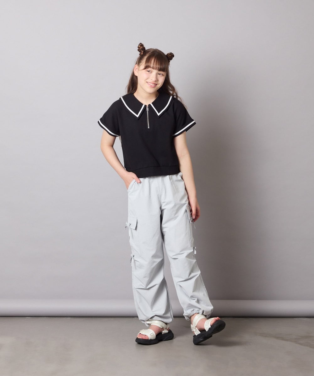 KJNGD60069 a.v.v KIDS(アー・ヴェ・ヴェ) [130-160]【冷感】セーラーカラー配色ラインセットアップ ブラック