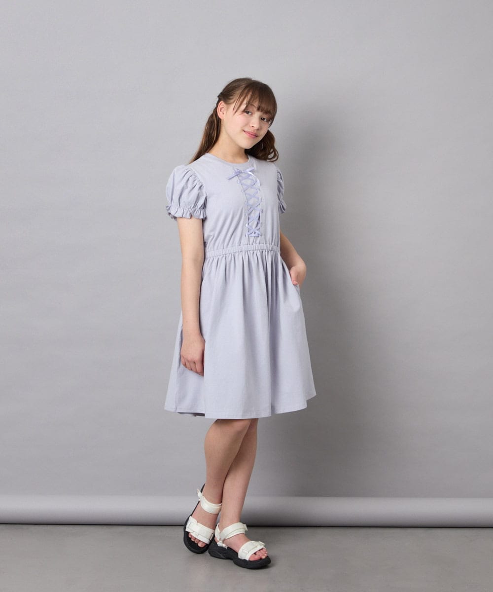 KJPGD01034 a.v.v KIDS(アー・ヴェ・ヴェ) [120-160]レースアップフレアワンピース ライトブルー