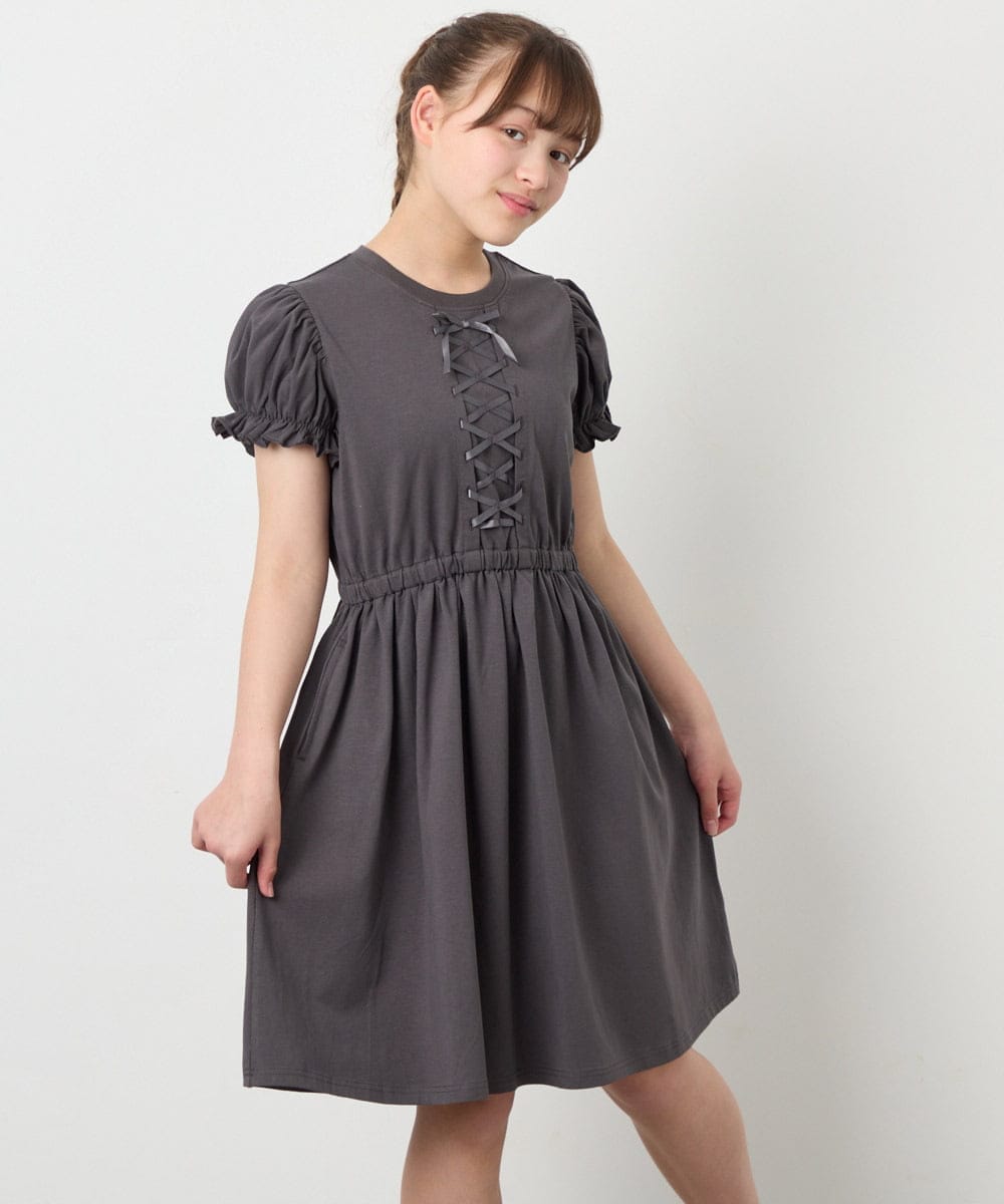 KJPGD01034 a.v.v KIDS(アー・ヴェ・ヴェ) [120-160]レースアップフレアワンピース ダークグレー