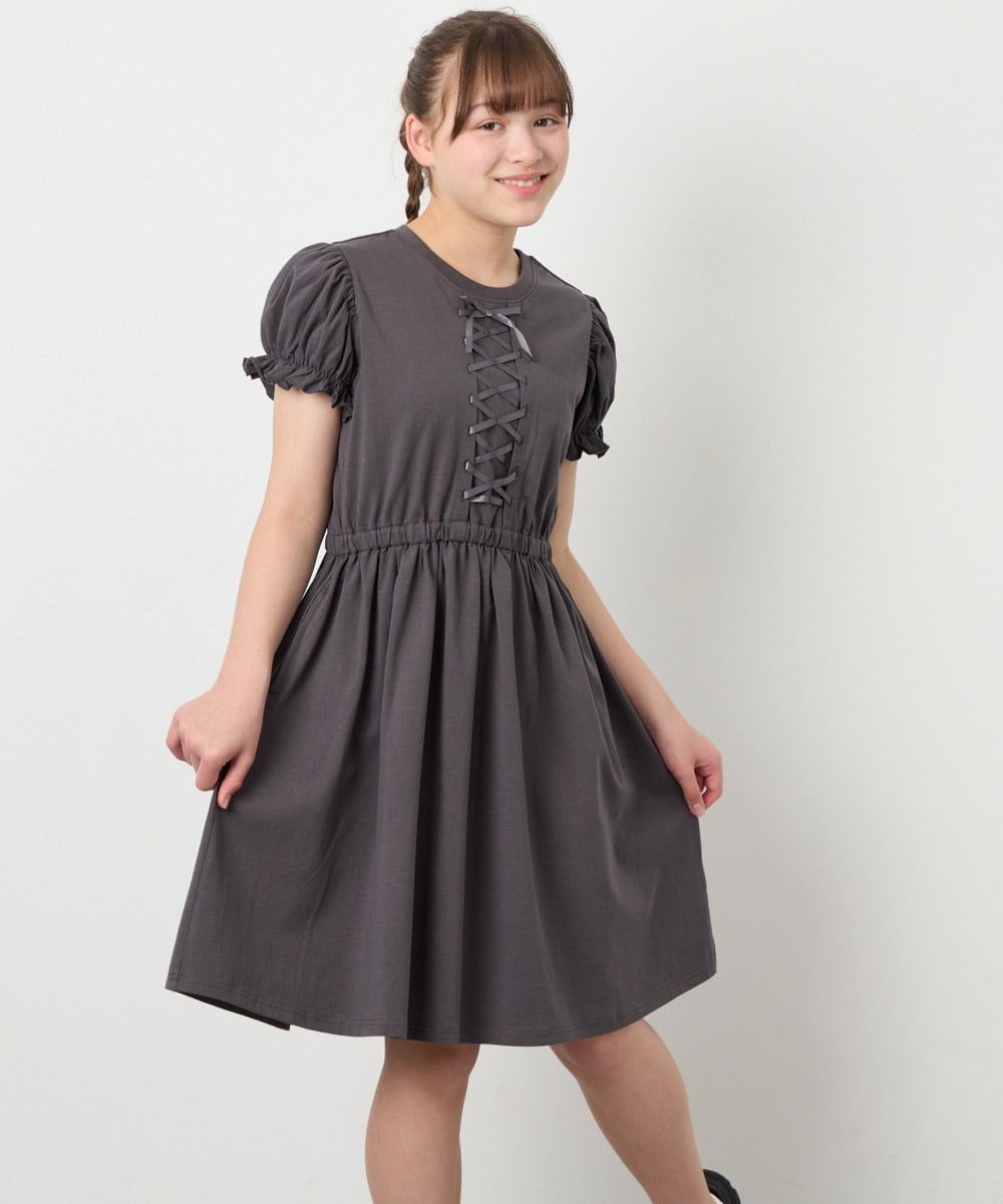 KJPGD01034 a.v.v KIDS(アー・ヴェ・ヴェ) [120-160]レースアップフレアワンピース ダークグレー