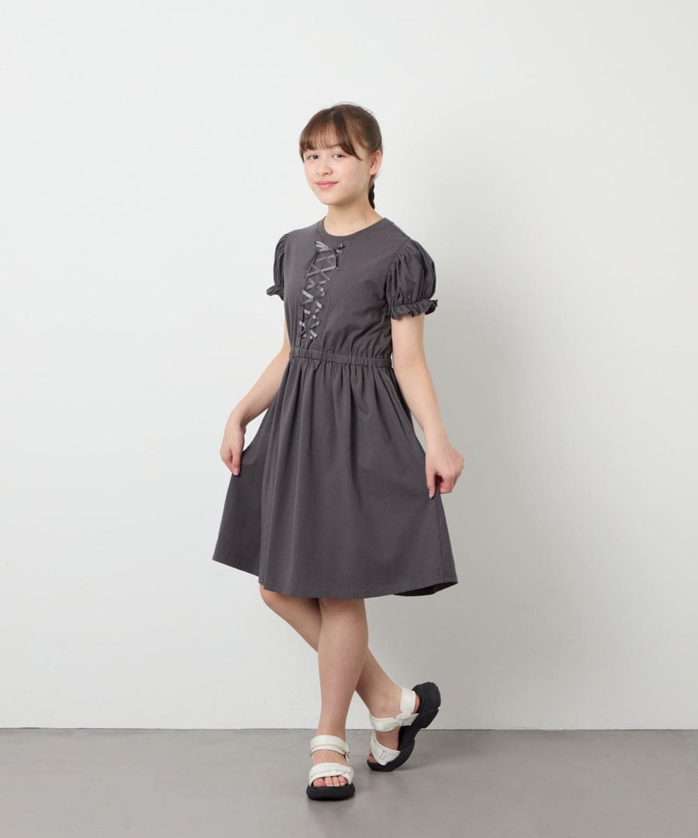 KJPGD01034 a.v.v KIDS(アー・ヴェ・ヴェ) [120-160]レースアップフレアワンピース ダークグレー