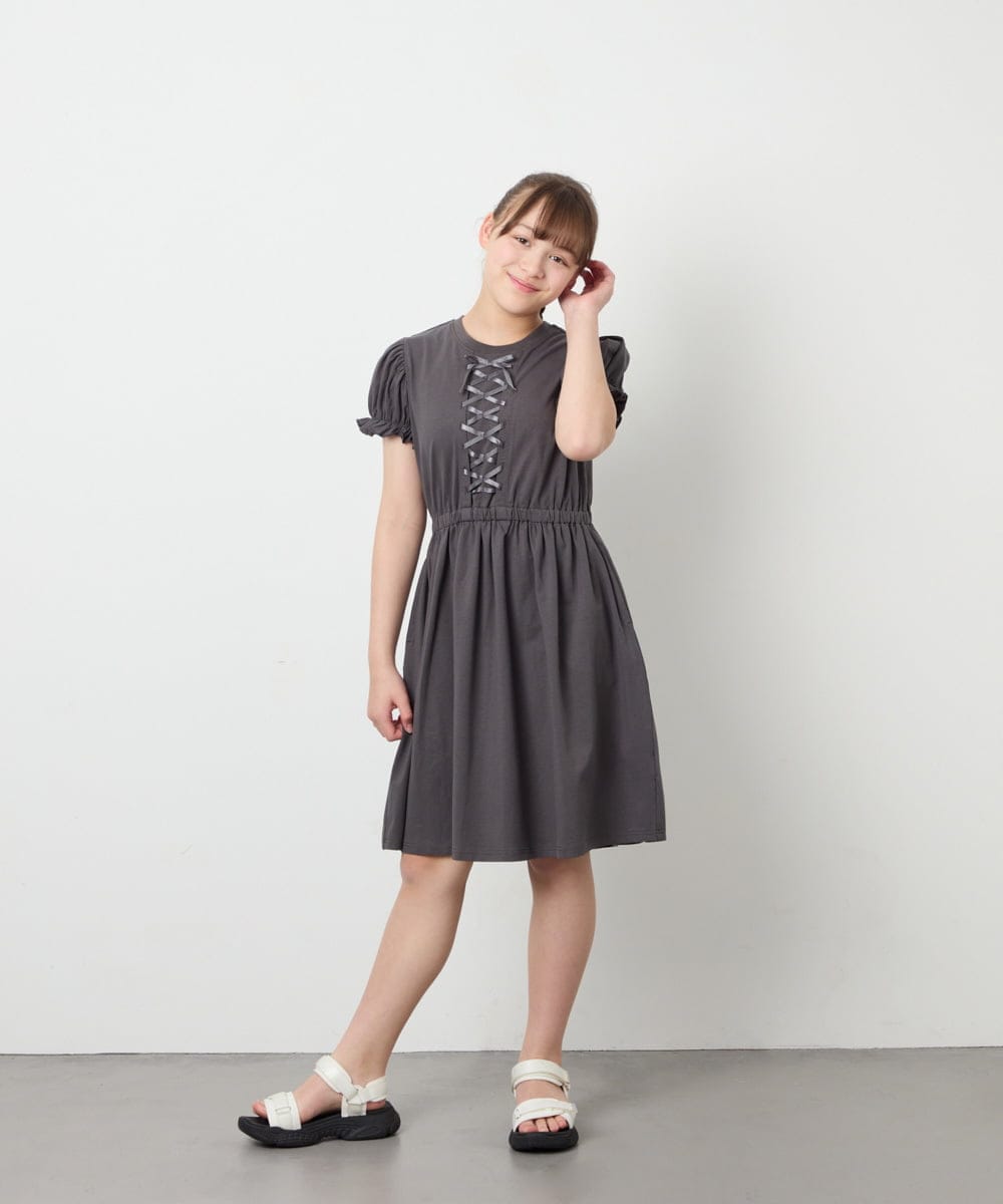 KJPGD01034 a.v.v KIDS(アー・ヴェ・ヴェ) [120-160]レースアップフレアワンピース ダークグレー