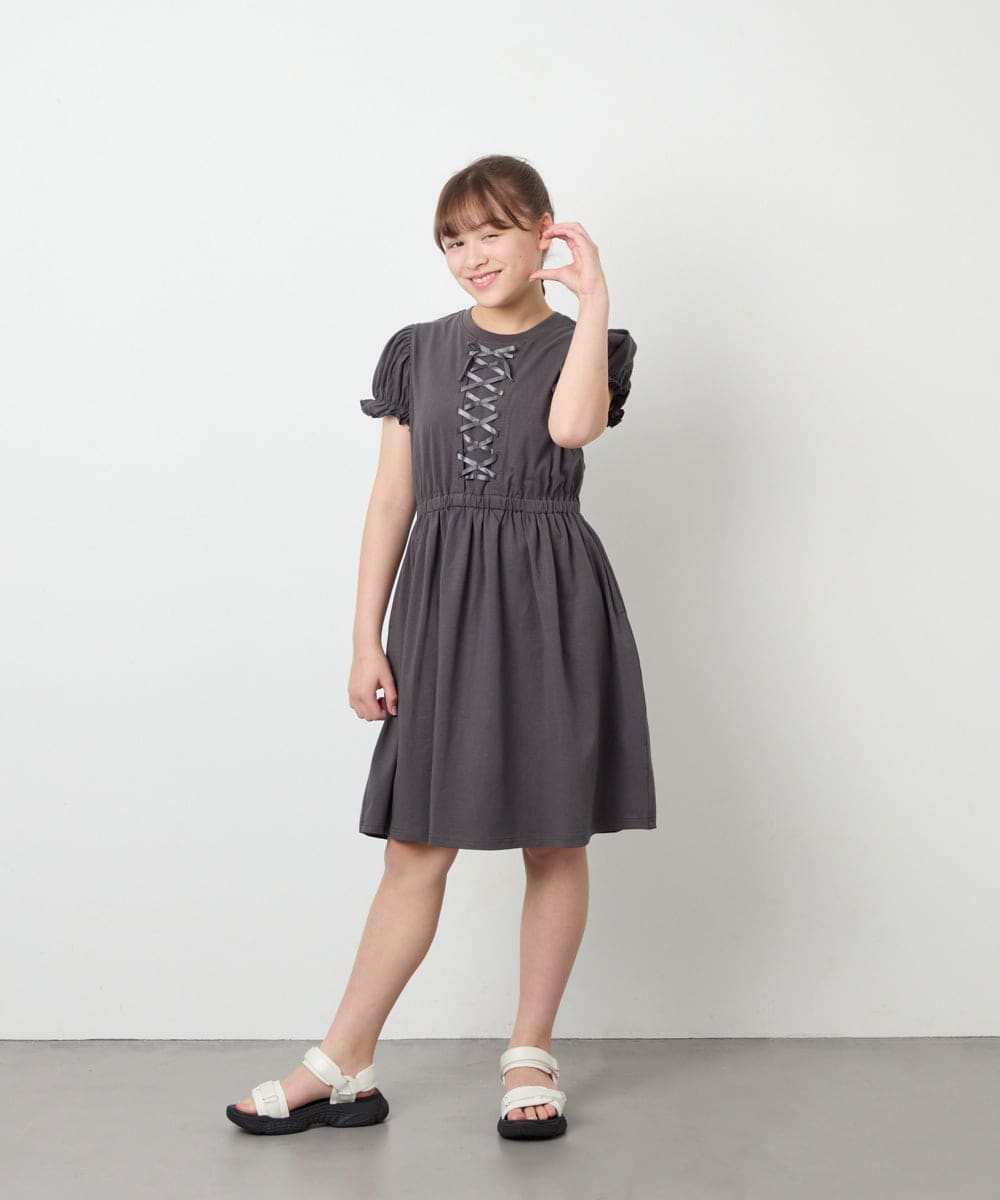 KJPGD01034 a.v.v KIDS(アー・ヴェ・ヴェ) [120-160]レースアップフレアワンピース ダークグレー