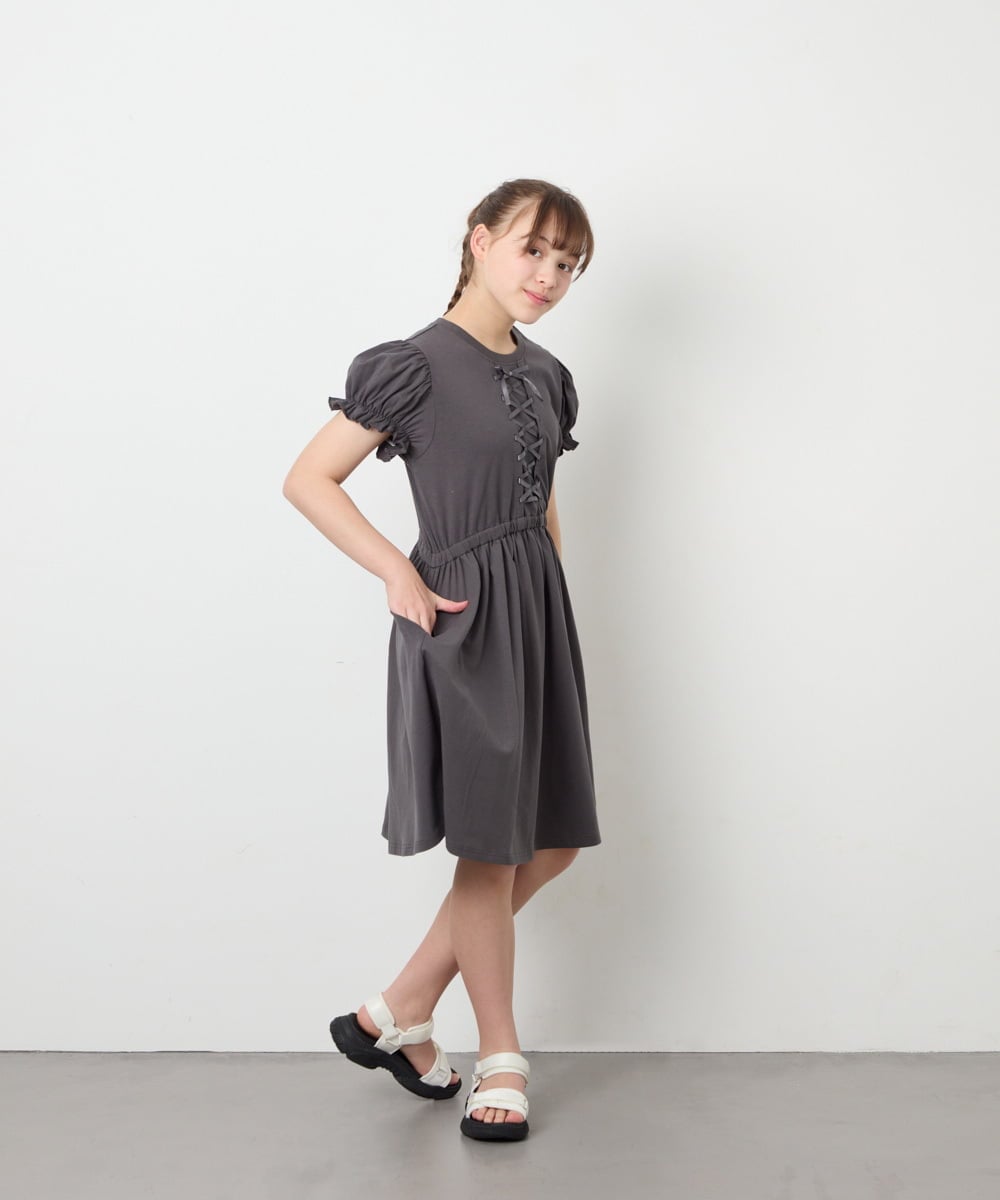 KJPGD01034 a.v.v KIDS(アー・ヴェ・ヴェ) [120-160]レースアップフレアワンピース ダークグレー
