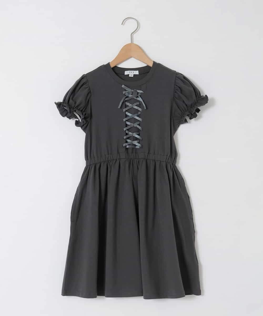 KJPGD01034 a.v.v KIDS(アー・ヴェ・ヴェ) [120-160]【接触冷感/毛玉になりにくい】レースアップフレアワンピース ダークグレー