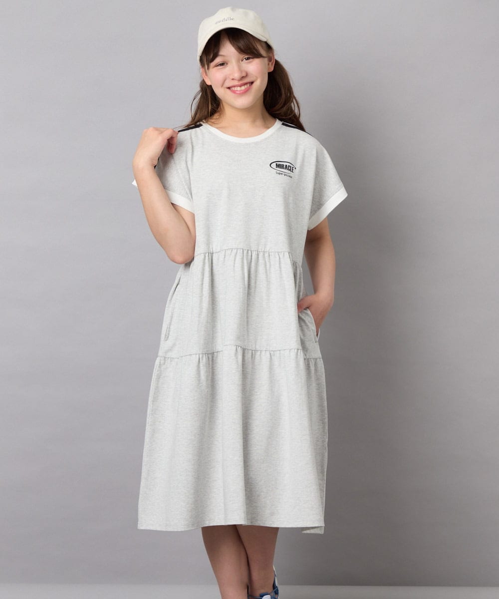 KJPGD02039 a.v.v KIDS(アー・ヴェ・ヴェ) [120-160]【接触冷感/毛玉になりにくい】配色ティアードワンピース ライトグレー