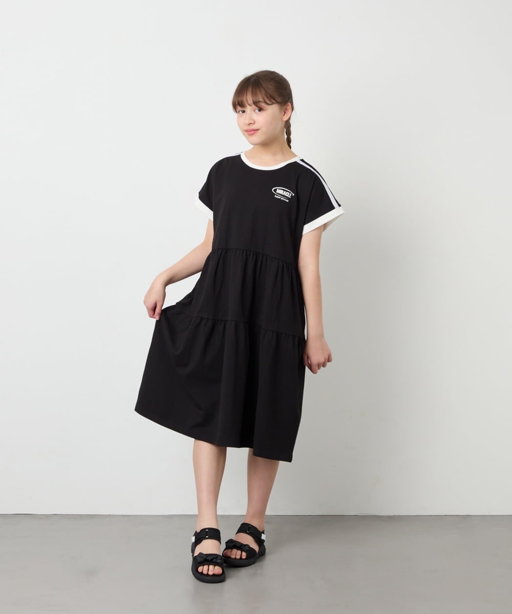 KJPGD02039 a.v.v KIDS(アー・ヴェ・ヴェ) [120-160]【接触冷感/毛玉になりにくい】配色ティアードワンピース ブラック