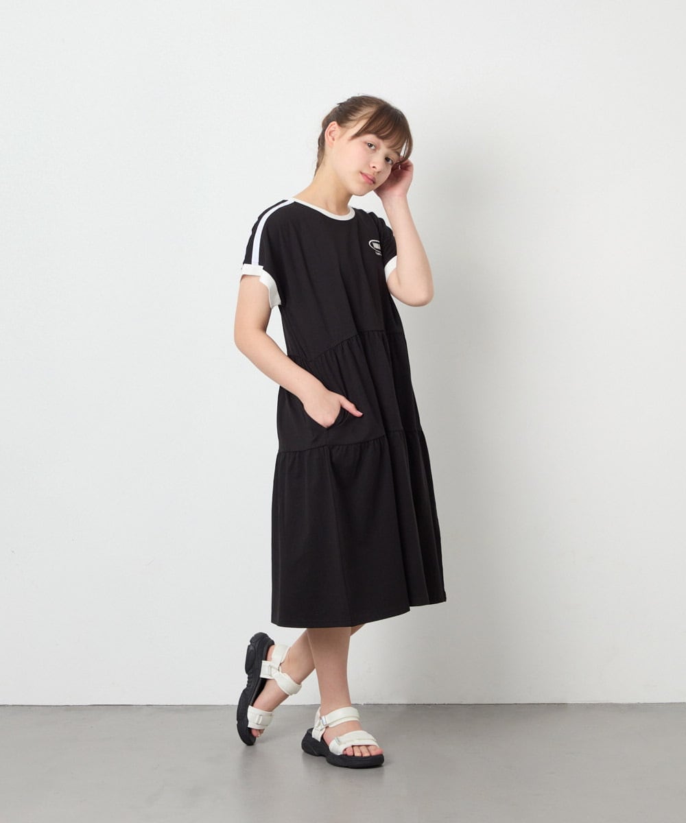 KJPGD02039 a.v.v KIDS(アー・ヴェ・ヴェ) [120-160]【接触冷感/毛玉になりにくい】配色ティアードワンピース ブラック
